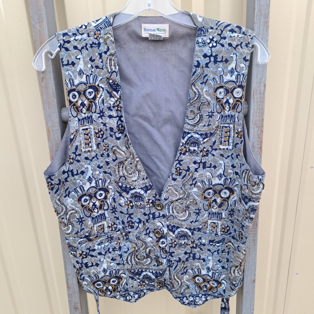 Vintage 90's Boundary Waters Medium Women's Blue Gold Tank Sleeveless Vest